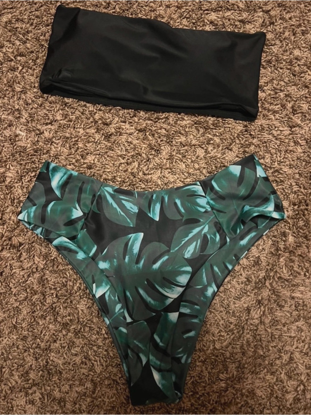 High-Waist Bandeau Bikini Set in Black and Teal Leaf Print